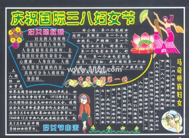 社区庆祝国际三八妇女节专题黑板报设计：妇女的权利/妇女节由来/中华巾帼第一位/马其顿族妇女